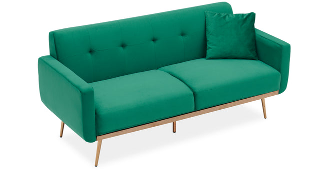 Modern green velvet sand living room sofa with midfoot and two throw pillows