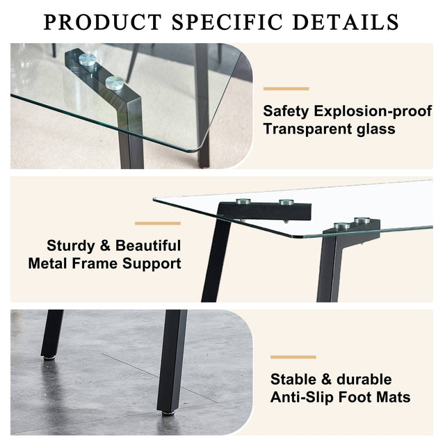 Glass Dining Table and Brown Dining Chair 4-Piece Set Rectangular 0.31" Tempered Glass Tabletop and Black Coating Metal Dining Table size 47" W x 31"D x 30" H