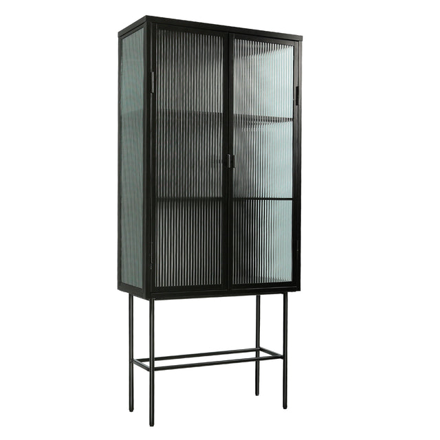Retro Style Fluted Glass High Cabinet Storage Dual Doors Three Detachable Wide Shelves Enclosed Dust-free Storage for Living Room Bathroom Dining Room Kitchen Room Entryway,BLACK (OLD SKU:W68734128)