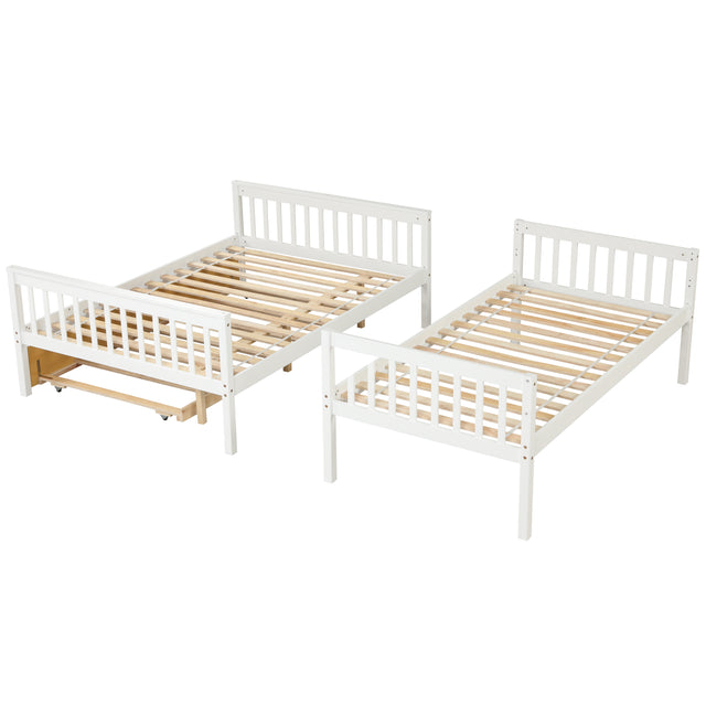 Twin Over Full Bunk Bed with Trundle, Convertible into 2 Beds, the Bunk Bed with Ladder and Safety Rails for Kids, Teens, Adults, White (Old Sku:W504S00030)