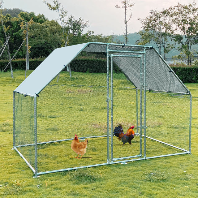 Metal Large Chicken Coop Walk-in Poultry Cage Large Chicken Run Flat Shaped Cage with Waterproof Anti-UltravioletCover, 1.26" Diameter Tube (9.8' L x 6.6' W x 6.4' H)