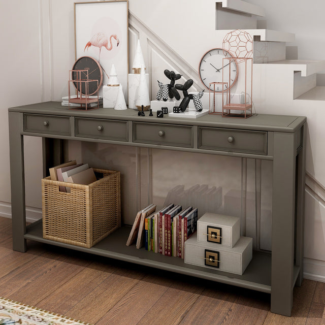 TREXM Console Table for Entryway Hallway Sofa Table with Storage Drawers and Bottom Shelf (Khaki)