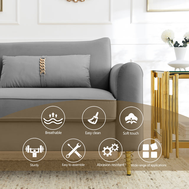 80.3" Modern Sofa Couch Upholstered Sofa Tufted Back Comfy Velvet Long Couch with 2 Pillows and Golden Legs for Living Room, Bedroom, Office, Apartment, Grey