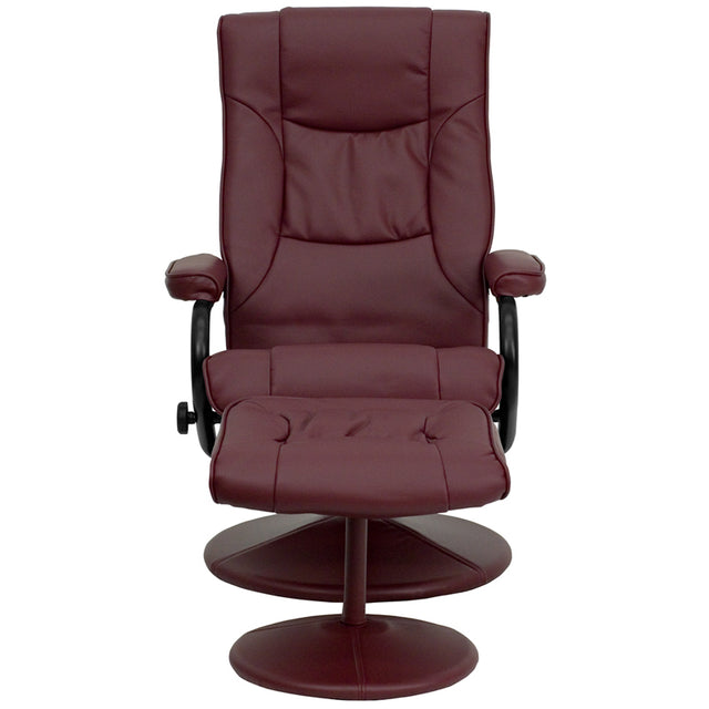 Contemporary Burgundy Leather Recliner and Ottoman with Leather Wrapped Base