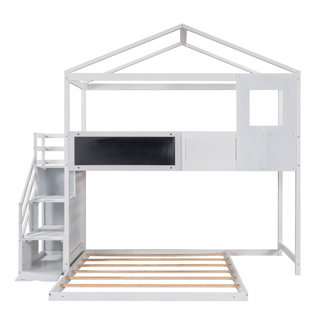Twin over Full House Bunk Bed with Storage Staircase and Blackboard,White