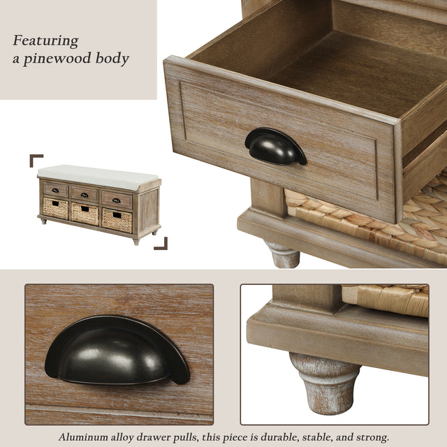 TREXM Rustic Storage Bench with 3 Drawers and 3 Rattan Baskets, Shoe Bench for Living Room, Entryway (White Washed)