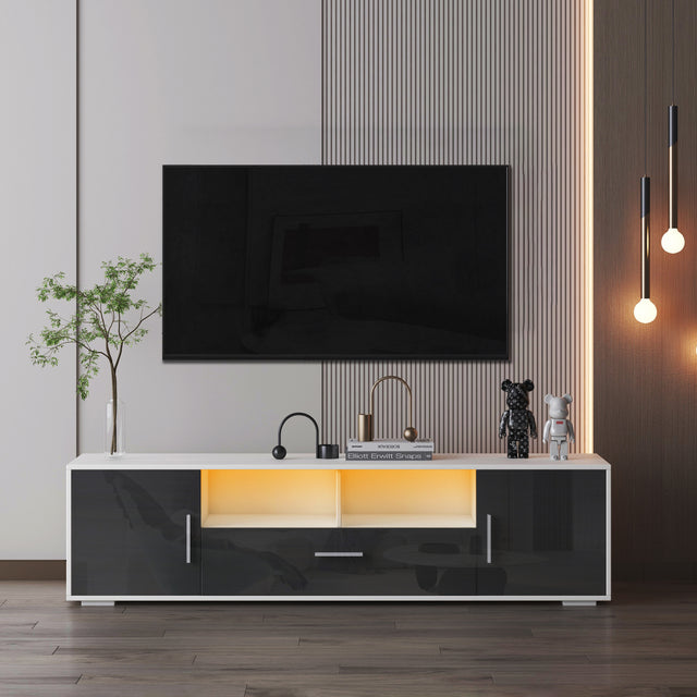 20 minutes quick assemble WHITE+GRAY morden TV Stand with LED Lights,high glossy front TV Cabinet,can be assembled in Lounge Room, Living Room or Bedroom,color:WHITE+Dark Grey
