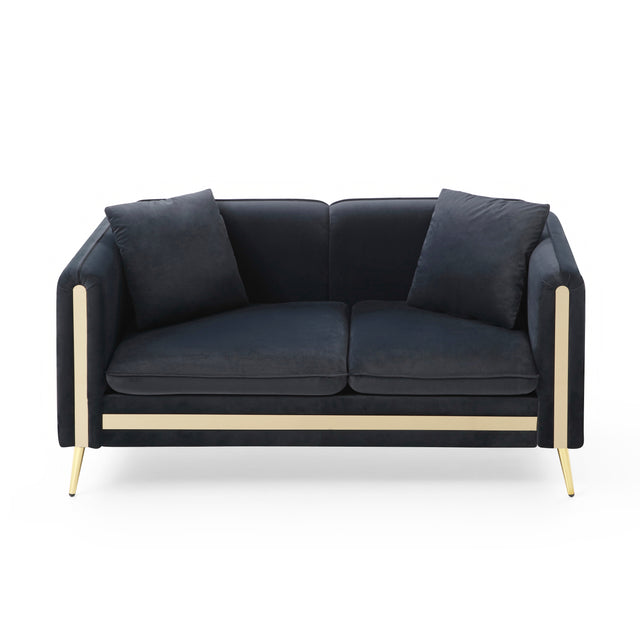 59” Modern Upholstered Velvet Loveseat Sofa 2 Seater Couch with Removable Cushions Side Pocket Mid-Century Tufted Living Room Set Gold Metal Legs ,2 Pillows Included,Black