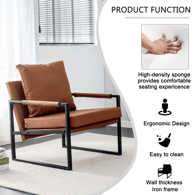 PU Leather Accent Arm Chair Mid Century Modern Upholstered Armchair with Metal Frame Extra-Thick Padded Backrest and Seat Cushion Sofa Chairs for Living Room ( Brown PU Leather + Metal Frame + Foam)