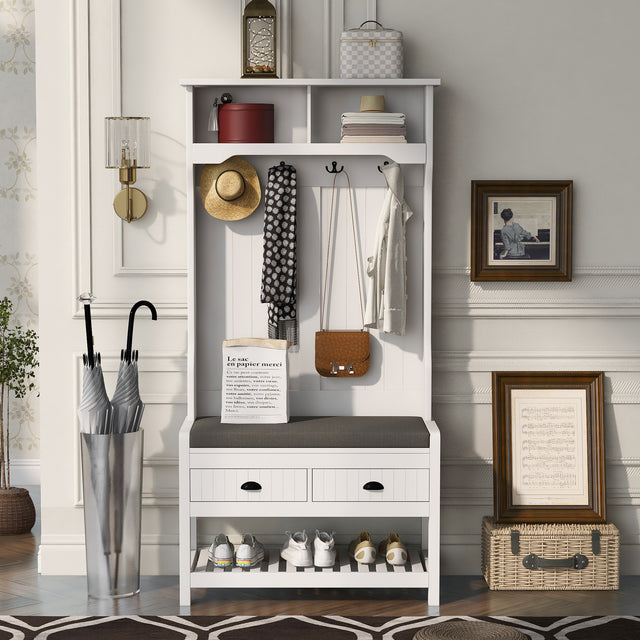 U-Can Hall Tree with 4 Hooks and Hinged Lid, Coat Hanger, Entryway Bench, Storage Bench, 3-in-1 Design, 69INCH, for Entrance, Hallway (White)