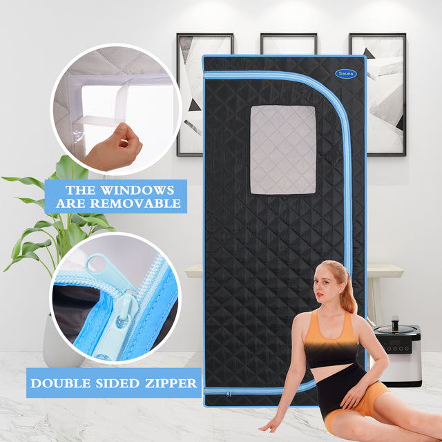 Portable Plus Type Full Size Steam Sauna tent. Spa, Detox ,Therapy and Relaxation at home.Larger Space,Stainless Steel Pipes Connector Easy to Install, with FCC Certification--Black(Blue binding)