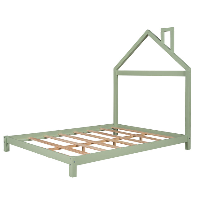 Full Size Wood Platform Bed with House-shaped Headboard (Green)