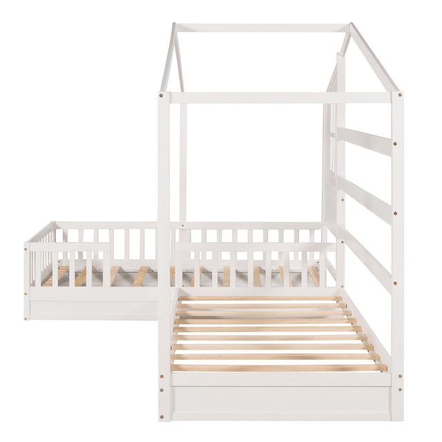 Wood House Bed Twin Size, 2 Twin Solid Bed L structure with fence and slatted frame (White)