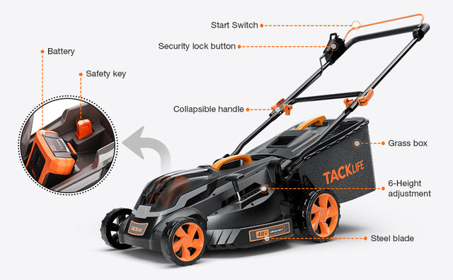 TACKLIFE 16-Inch 40V MAX(36V) Brushless Lawn Mower, 4.0AH Battery, 6 Mowing Heights