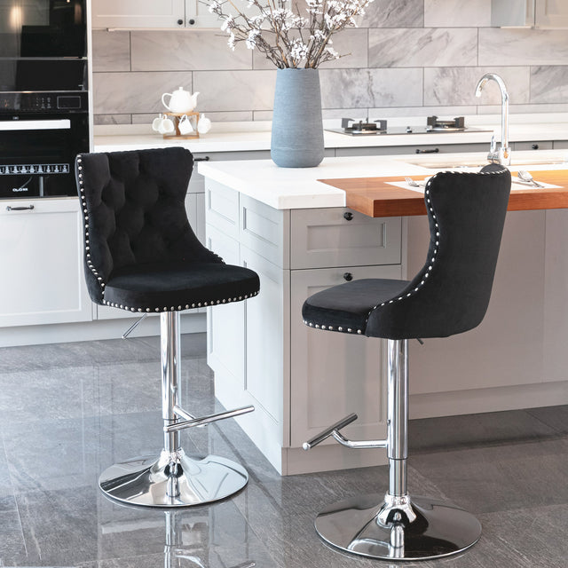 A&A Furniture,Swivel Velvet Barstools Adjusatble Seat Height from 25-33 Inch, Modern Upholstered Chrome base Bar Stools with Backs Comfortable Tufted for Home Pub and Kitchen Island(Black,Set of 2)