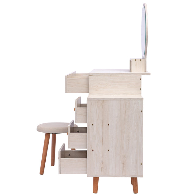 CRAZY ELF Makeup Vanity Table with Cushioned Stool, Large Capacity Storage Cabinet, 5 Drawers, Large Round Mirror, Fasionable Makeup Furniture (31.5"-43.2"L x 15.8"W x 48.1"H) Length Adjustable