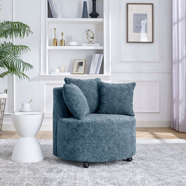 Modern Chenille Upholstered Swivel Backrest Chair for Living Room, with Movable Wheels, Including 3 Pillows, Navy