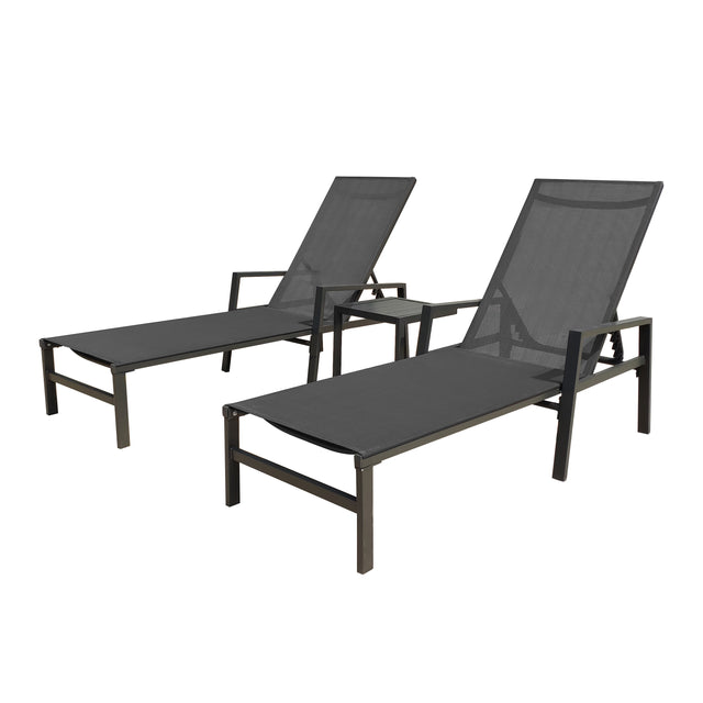 Outdoor 3-Pcs Set Chaise Lounge Chairs With Table,Five-Position Adjustable Aluminum Recliners Set,All Weather For Patio,Beach,Yard, Pool(Grey Frame/Dark Gray Fabric)