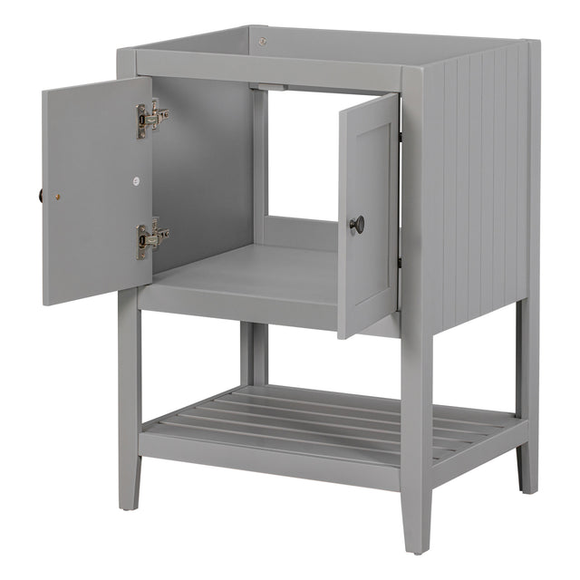 24" Bathroom Vanity Base Only, Soild Wood Frame, Bathroom Storage Cabinet with Doors and Open Shelf, Grey