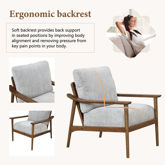 【EAT 3.17】Mid Century Modern Chair with Solid Wood Frame,Arm Chair with Vertical Slatted Back,Thick Pad Upholstered Accent Chair for Living Room, Brown