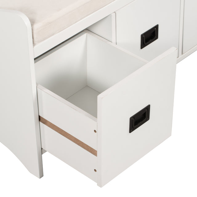 TREXM Movable Cushion Storage Bench with Drawers and Backrest for Entryway and Living Room(White)