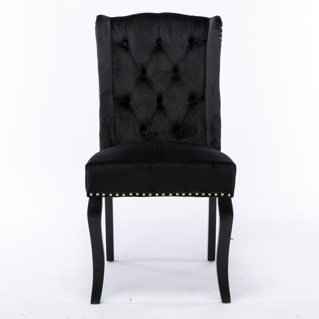 A&A Furniture,Wingback Dining Chair,Traditional Tufted Upholstered America Luxury Chairs, Country Cottage Farm Beach Dining Kitchen Vintage Style Side Chair, Velvet Fabric Wood, Set of 2,Black
