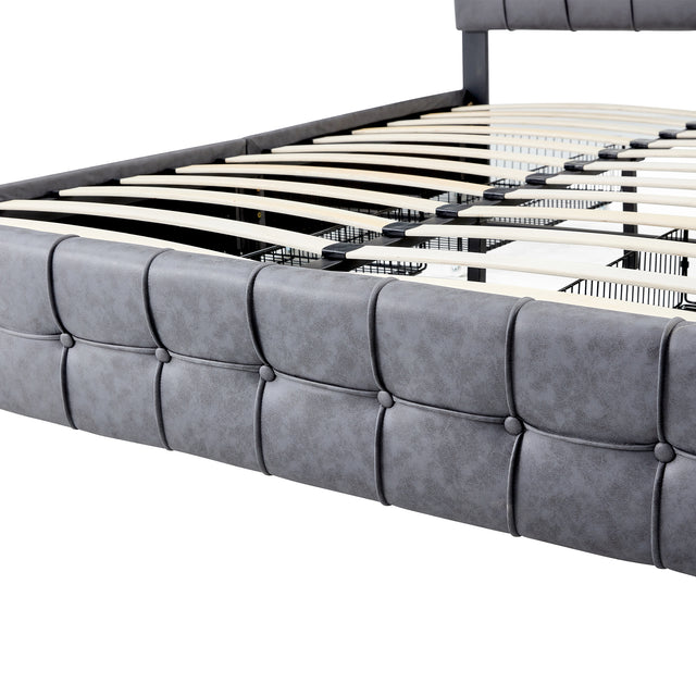 Hot Sale Queen Size Dark Grey Tech cloth Button Embedded Adjustable Headboard Height Upholstered Platform Bed Frame with Storage Drawers