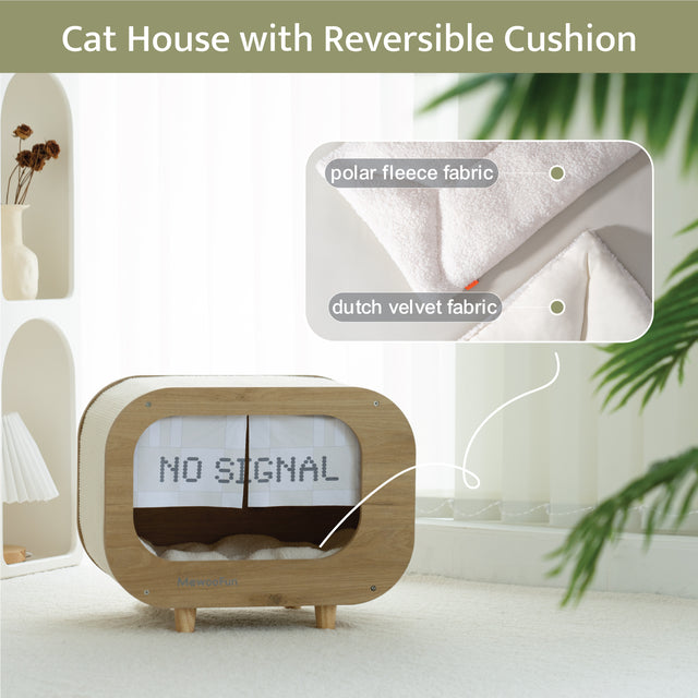 Classic Wooden TV-Shaped Cat Bed, Cat House with Cushion, White