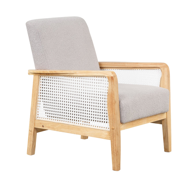 【EAT 3.10】Mid-Century Armchair Rattan Mesh Upholstered Accent Chair,Teddy Short Plush Particle Velvet Armchair for Living Room,Bedroom, Office, Studio,Grey