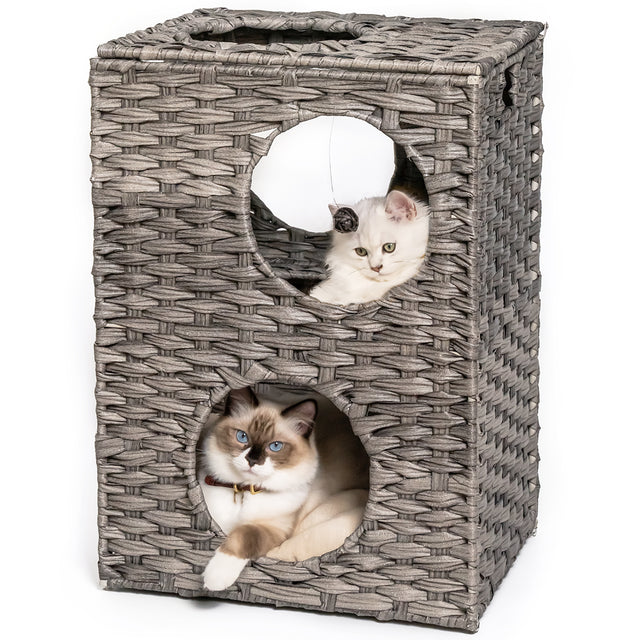 Rattan Cat Litter,Cat Bed with Rattan Ball and Cushion,Grey