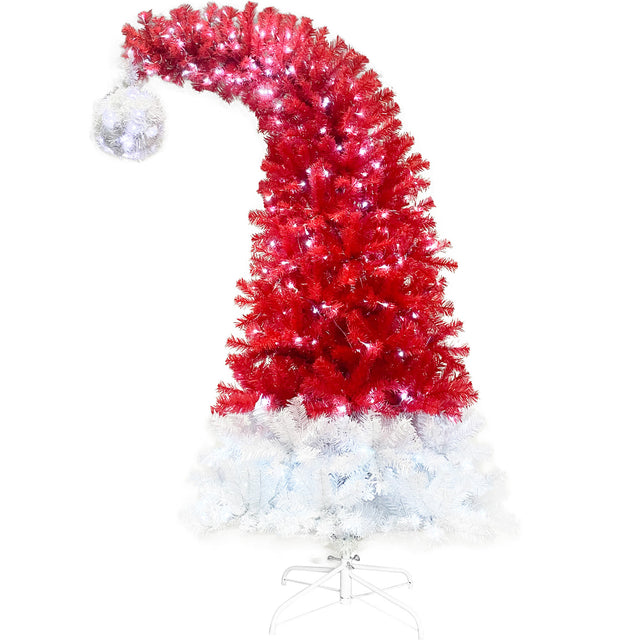 6FT Hinged Fraser Fir Artificial Fir Bent Top Christmas Tree, Xmas Tree Bendable Santa Hat Style Christmas Tree Holiday Decoration,1250 Lush Branch Tips, 300 LED Lights X-mas