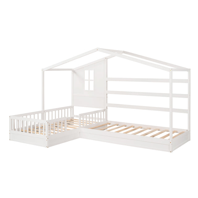 Wood House Bed Twin Size, 2 Twin Solid Bed L structure with fence and slatted frame (White)