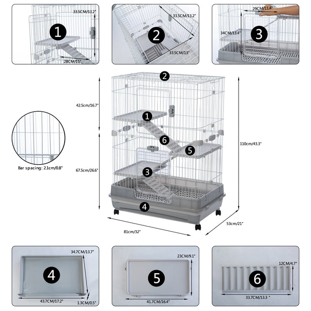 4-Tier 32"Small Animal Metal Cage Height Adjustable with Lockable Casters Grilles Pull-out Tray for Rabbit Chinchilla Ferret Bunny Guinea Pig Squirrel Hedgehog(GREY)(=OLD SKU:W69133215)