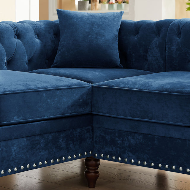 MH 80" Deep Button Tufted Upholstered Roll Arm Luxury Classic Chesterfield L-shaped Sofa 3 Pillows Included, Solid Wood Gourd Legs, Blue velvet