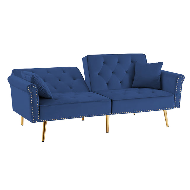Modern Velvet Tufted Sofa Couch with 2 Pillows and Nailhead Trim, Loveseat Sofa Futon Sofa Bed with Metal Legs for Living Room.