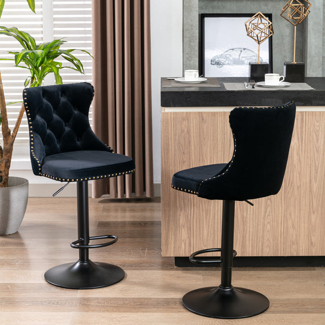 A&A Furniture,Swivel Velvet Barstools Adjusatble Seat Height from 25-33 Inch, Modern Upholstered Bar Stools with Backs Comfortable Tufted for Home Pub and Kitchen Island(Black,Set of 2)
