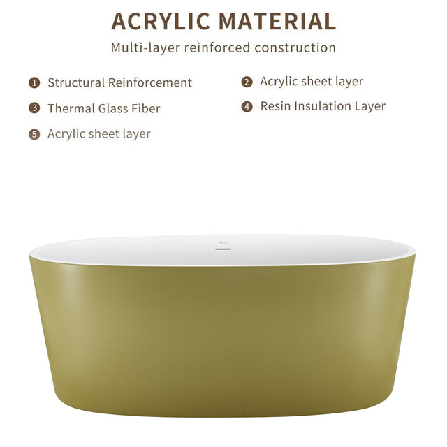 63" 100% Acrylic Freestanding Bathtub,Contemporary Soaking Tub,White inside and gold outside