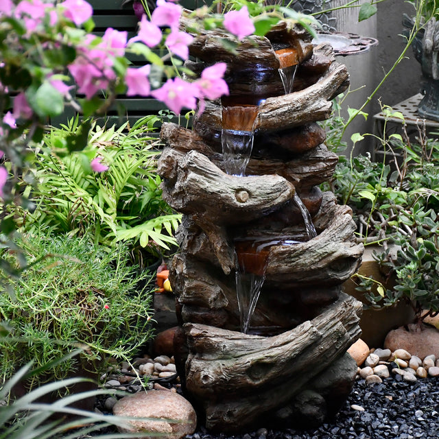 Indoor Outdoor 5-Tier Floor Rack Water Fall Fountain with White LED Light for Patio Yard Garden Lawn