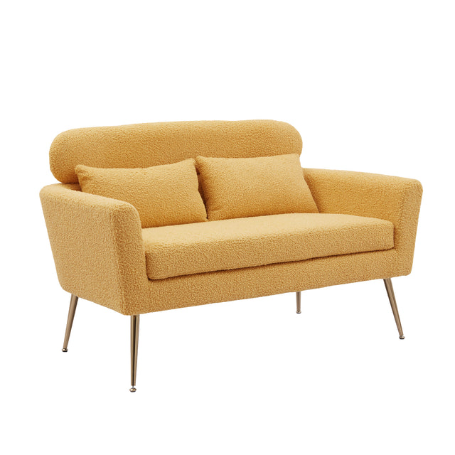 51"W Modern Boucle Loveseat Small Sofa Small Mini Room Couch Two-Seater Sofa With 2 Throw Pillows Gold Metal Legs for Small Space Office Studio Apartment Bedroom, Yellow Boucle