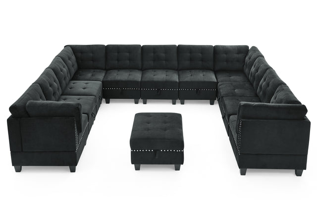 U shape Modular Sectional Sofa,DIY Combination,includes Seven Single Chair, Four Corner and One Ottoman,Black Velvet.