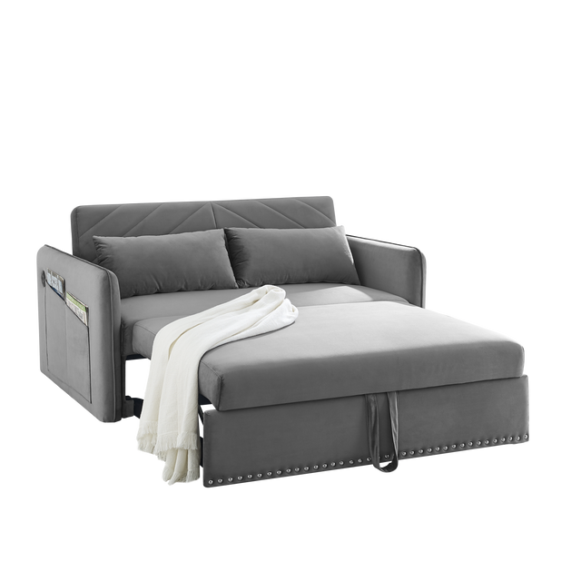 Pull-out sofa sleeper, 3-in-1 adjustable sleeper with pull-out bed, 2 lumbar pillows and side pocket, soft velvet convertible sleeper sofa bed, suitable for living room bedroom.