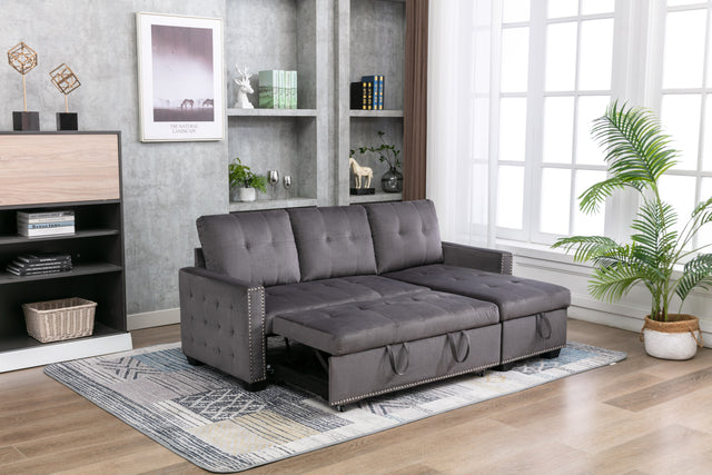 77 Inch Reversible Sectional Storage Sleeper Sofa Bed , L-Shape 2 Seat Sectional Chaise With Storage , Skin-Feeling Velvet Fabric ,Dark Grey Color For Living Room Furniture