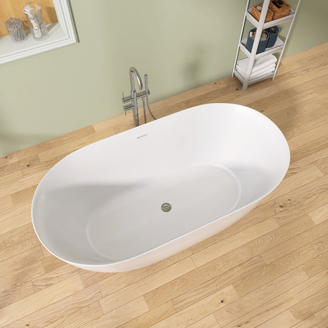 67" Acrylic Free Standing Tub - Classic Oval Shape Soaking Tub, Adjustable Freestanding Bathtub with Integrated Slotted Overflow and Chrome Pop-up Drain Anti-clogging Gloss White