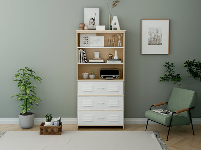 Storage Cabinet,Moline standard bookcase, 6-Shelf, Multipurpose Shelf Display Rack with Classic Tubes, Open Shelf, Industrial Bookshelf with 3 metal drawers, Space Saving