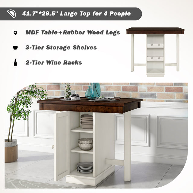 TOPMAX Farmhouse Counter Height Dining Table, Square Wood Table with 3-Tier Adjustable Storage Shelves and Wine Racks for Small Spaces, White