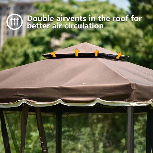 TOPMAX 9.8Ft. Wx9.8Ft.L Outdoor Iron Vented Dome Top Patio Gazebo with Netting for Backyard, Poolside and Deck, Brown