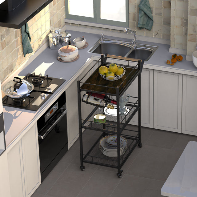 3 Tier Metal Mesh Rolling Storage Cart, Mesh Storage Pantry Cart with Lockable Wheels Wood Look Top and Metal Frame,Rolling Utility Cart for Kitchen Bathroom, Office, Library, Coffee Bar