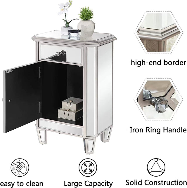 Champagne color mirror single pull single door small side cabinet, multi -function bedside cabinet