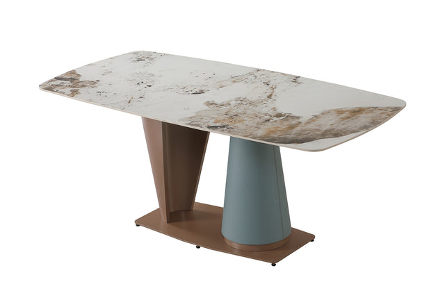 71" Pandora color sintered stone dining table with cone shape Pedestal Base in champagne and blue color