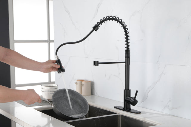 Commercial Spring Kitchen Faucets Matte Black with Pull Out Sprayer, Stainless Steel Single Handle One Hole Kitchen Sink Faucet, Industrial 3-Hole Sink Faucet for Camper Laundry Bar,